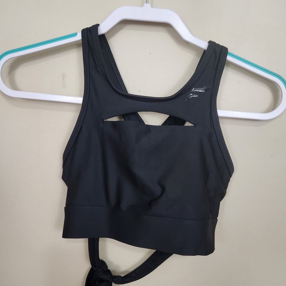 Flag Nor Fail Sports Bra SZ S Black Strappy Tie Back Cutout Workout Gym Athletic